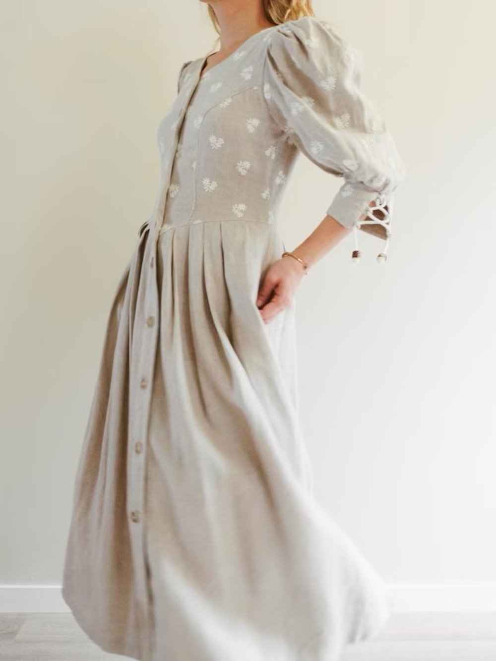 Light Beige Embroidered Button-Front Midi Dress